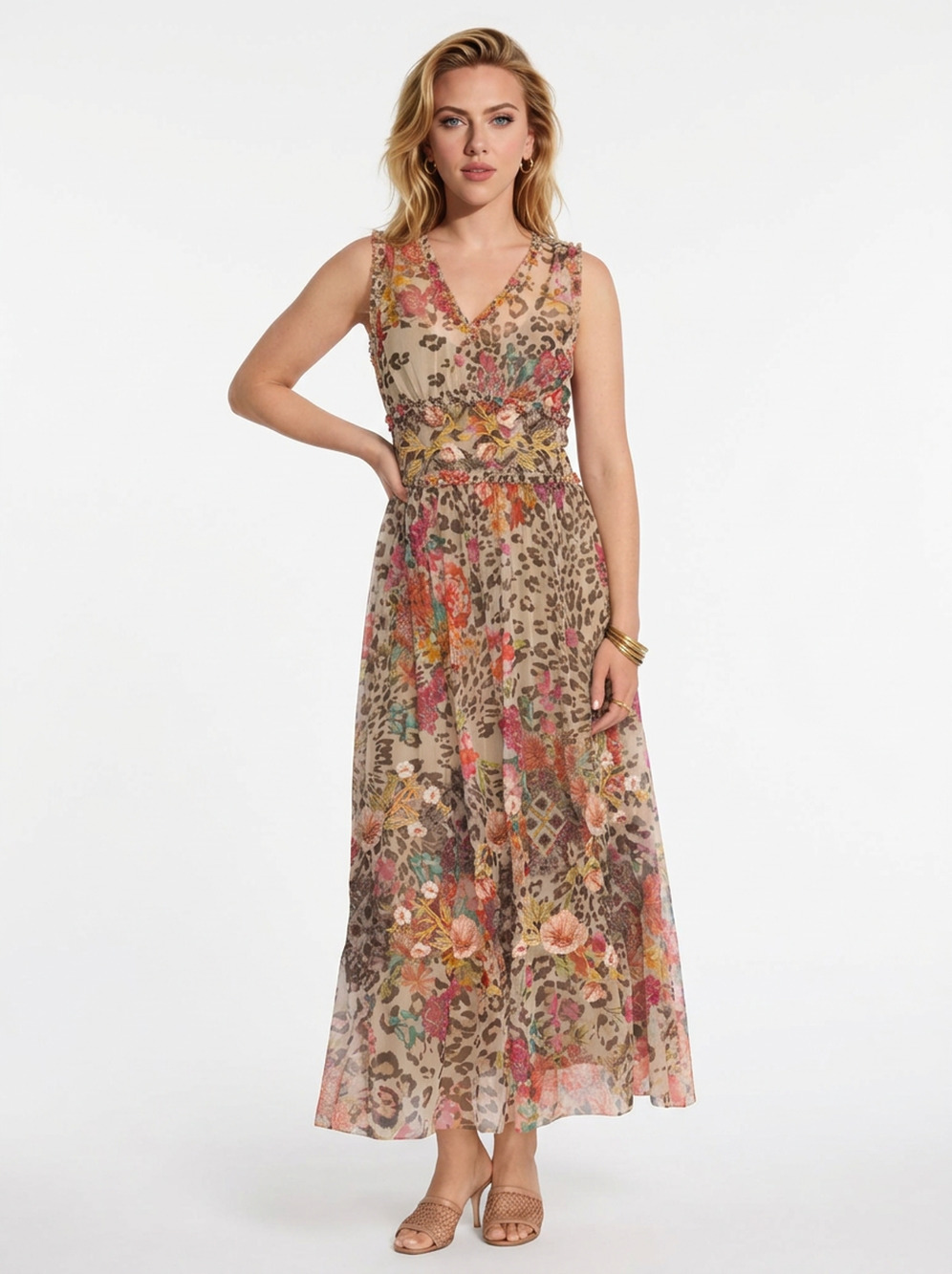 Johnny Was BIYA Mazzy Shirred Dress XL Floral Animal Print Leopard Mesh Maxi